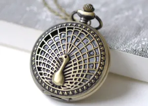 1 PC Antique Bronze Large Size Peacock Pocket Watch A7965