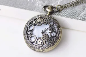 1 PC Antique Bronze Steampunk Gear Wheel Pocket Watch Necklace A8637