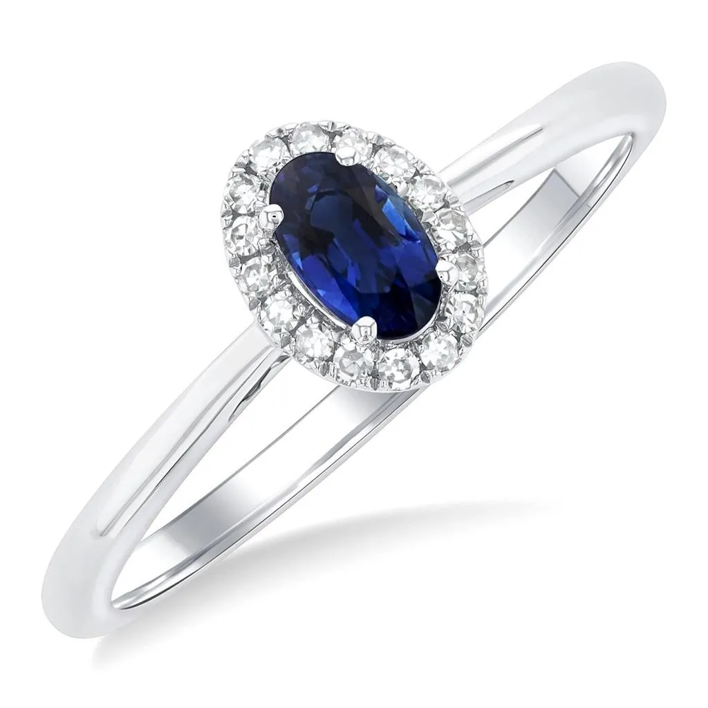 10K White Gold Oval Sapphire And Diamond Halo Ring
