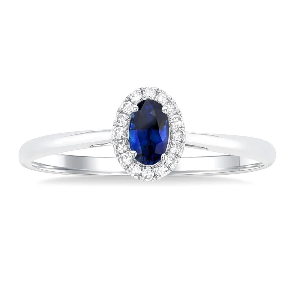 10K White Gold Oval Sapphire And Diamond Halo Ring