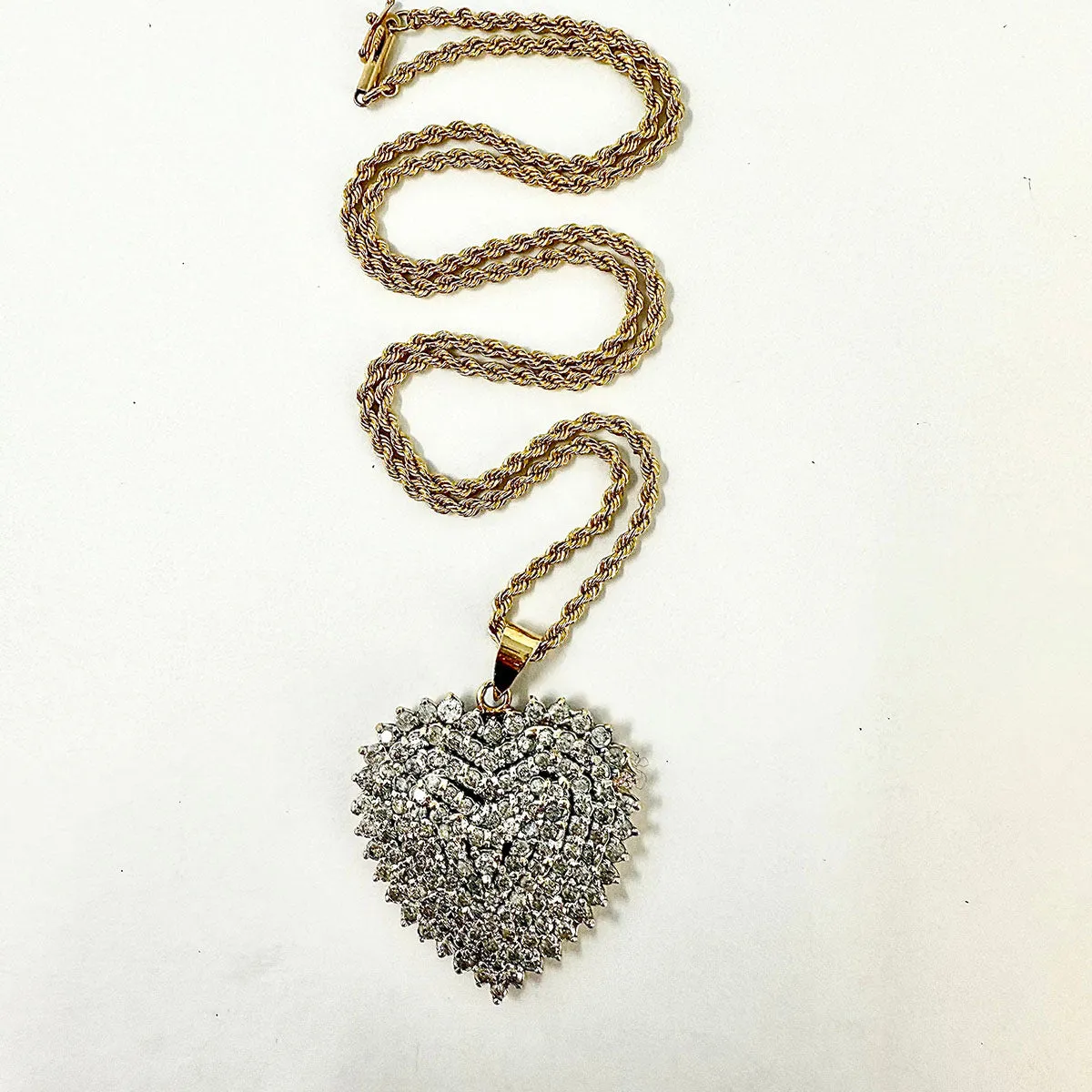 14K Twisted Chain Necklace with Large Diamond Heart Pendant
