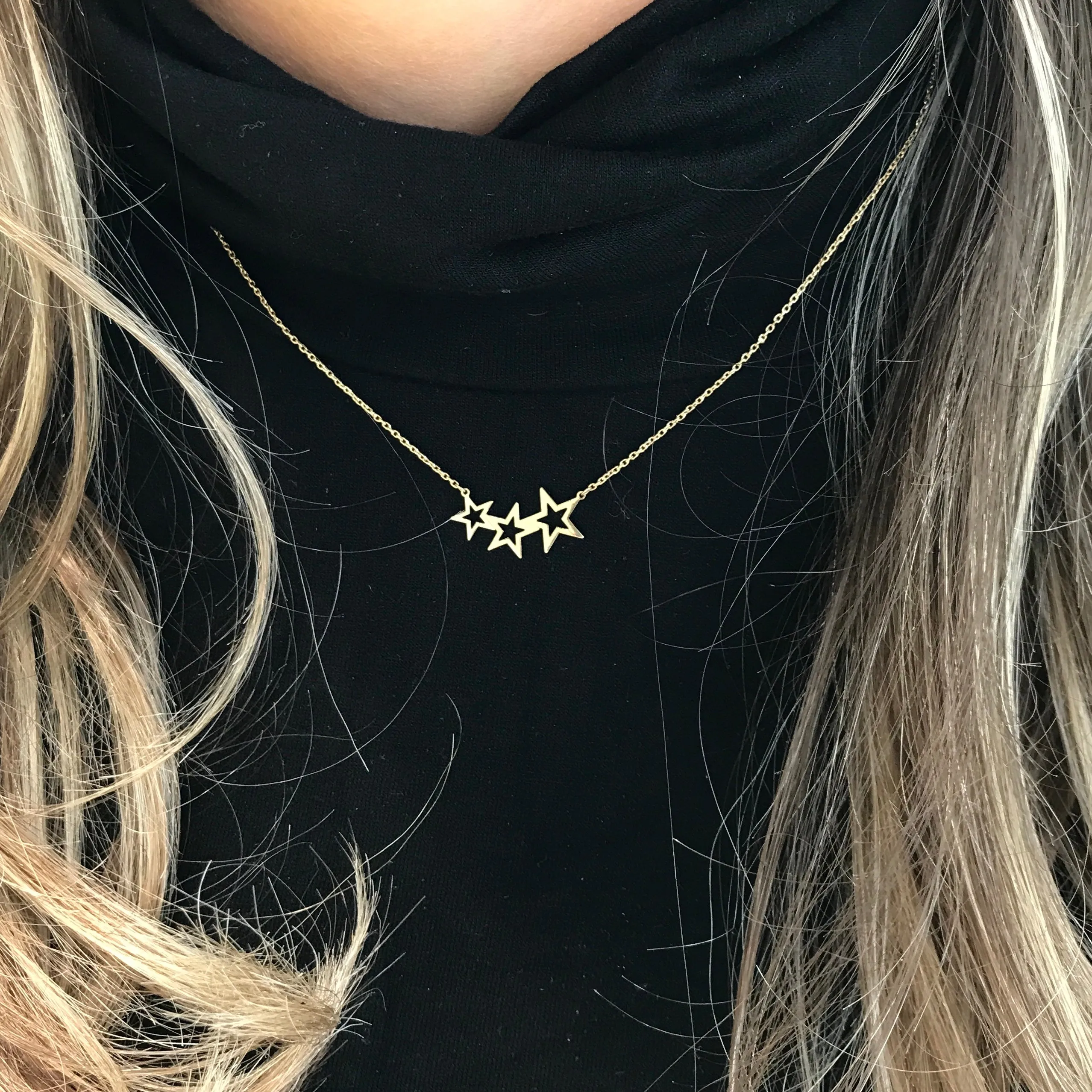 14k Yellow Gold Triple Star Necklace