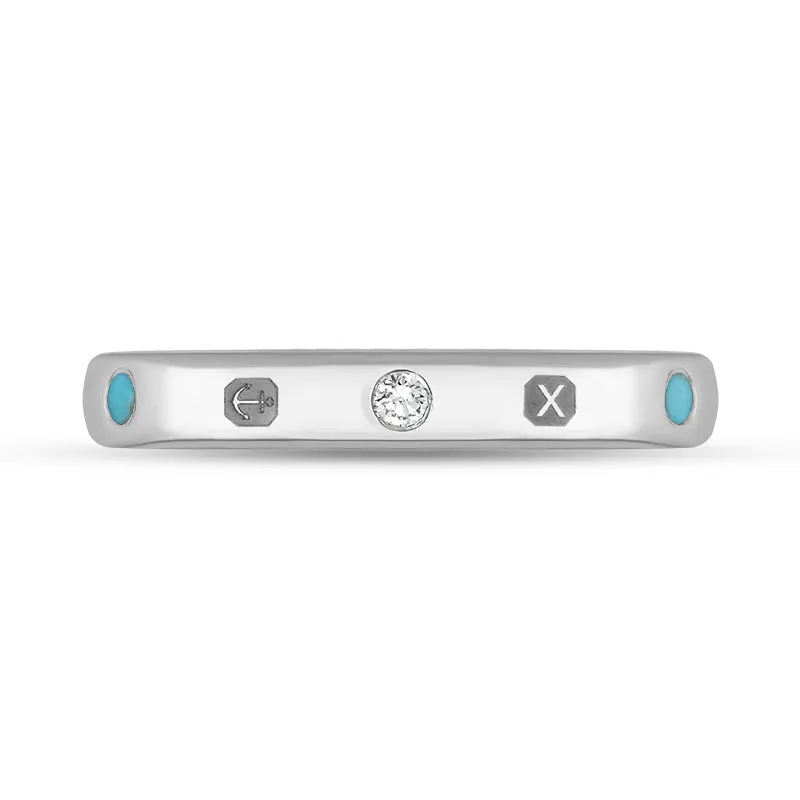 18ct White Gold Turquoise 0.09ct Diamond Queen's Jubilee Hallmark 6mm Ring D
