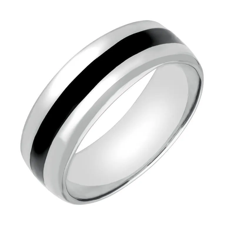 18ct White Gold Whitby Jet Inlaid Wide Wedding Band Ring