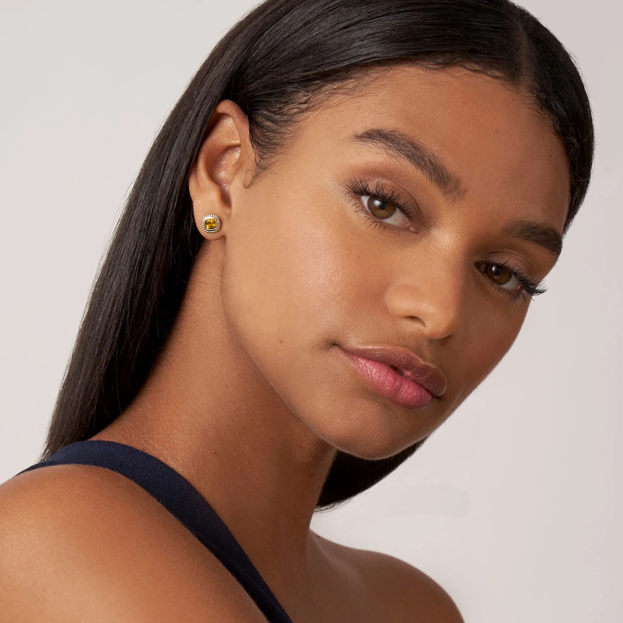 18K Gold Caviar Citrine Stud Earrings