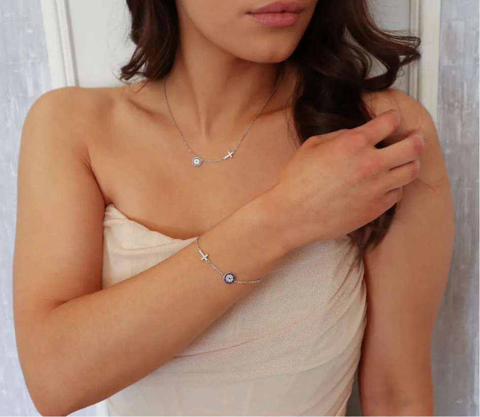18k/925 Vermeil CZ Evil Eye and Cross Necklace