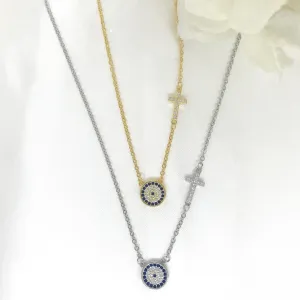 18k/925 Vermeil CZ Evil Eye and Cross Necklace