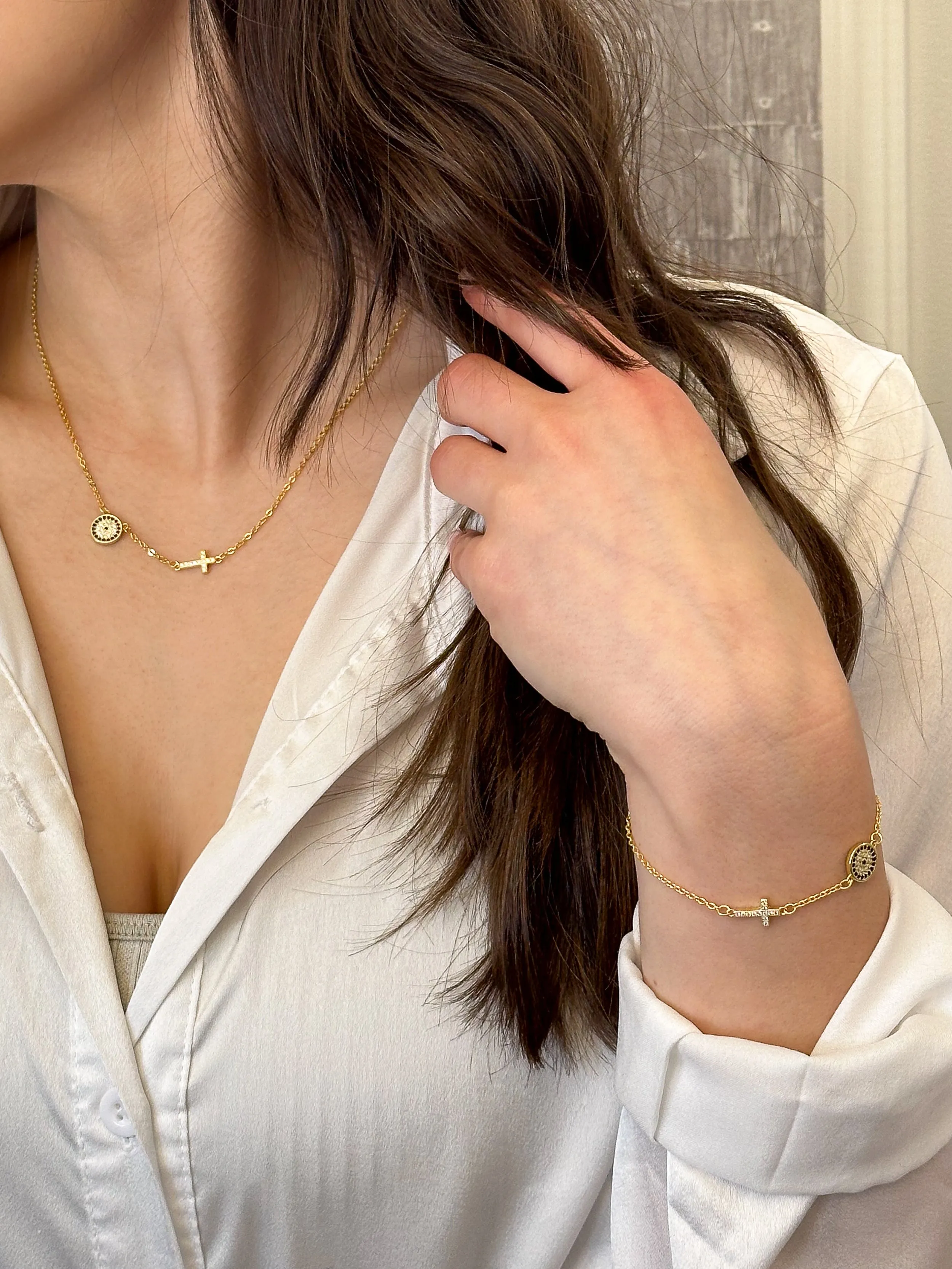 18k/925 Vermeil CZ Evil Eye and Cross Necklace