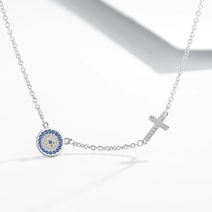 18k/925 Vermeil CZ Evil Eye and Cross Necklace