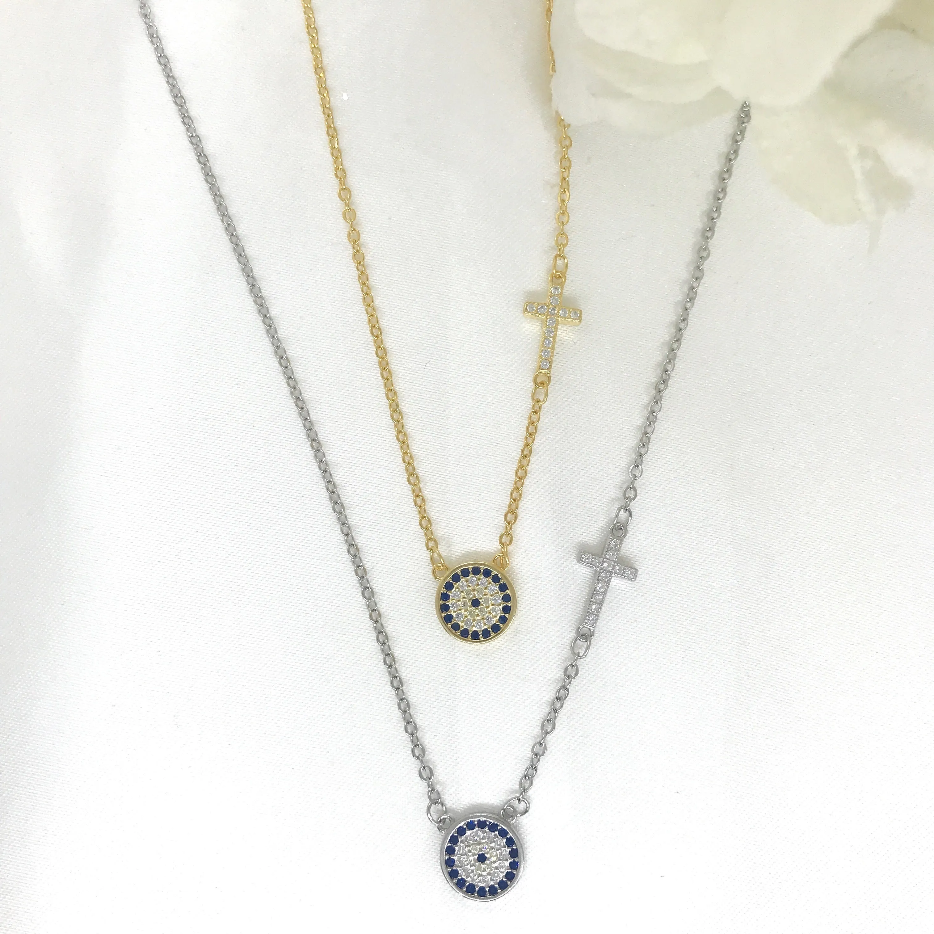 18k/925 Vermeil CZ Evil Eye and Cross Necklace