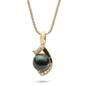 18" Tahitian Black Pearl Pendant Necklace in Gold with Diamonds - 10-11mm