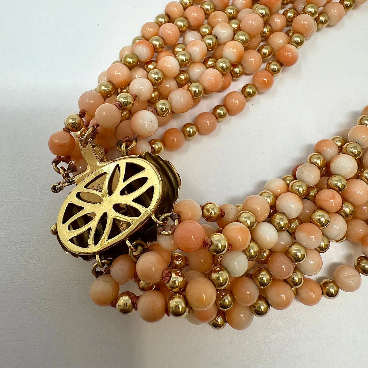 8 Strand Coral Bead Necklace with 14K Gold Clasp