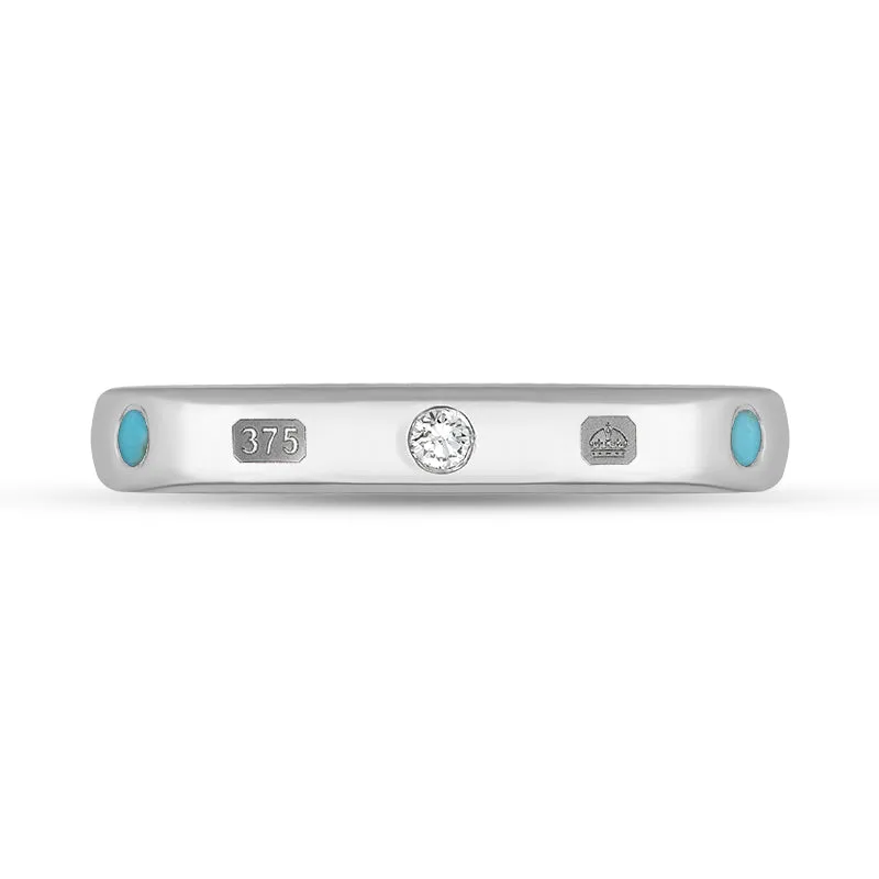 9ct White Gold Turquoise 0.09ct Diamond Queen's Jubilee Hallmark 6mm Ring D
