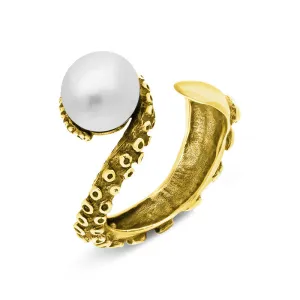9ct Yellow Gold Freshwater Pearl Bead Swirl Tentacle Ring