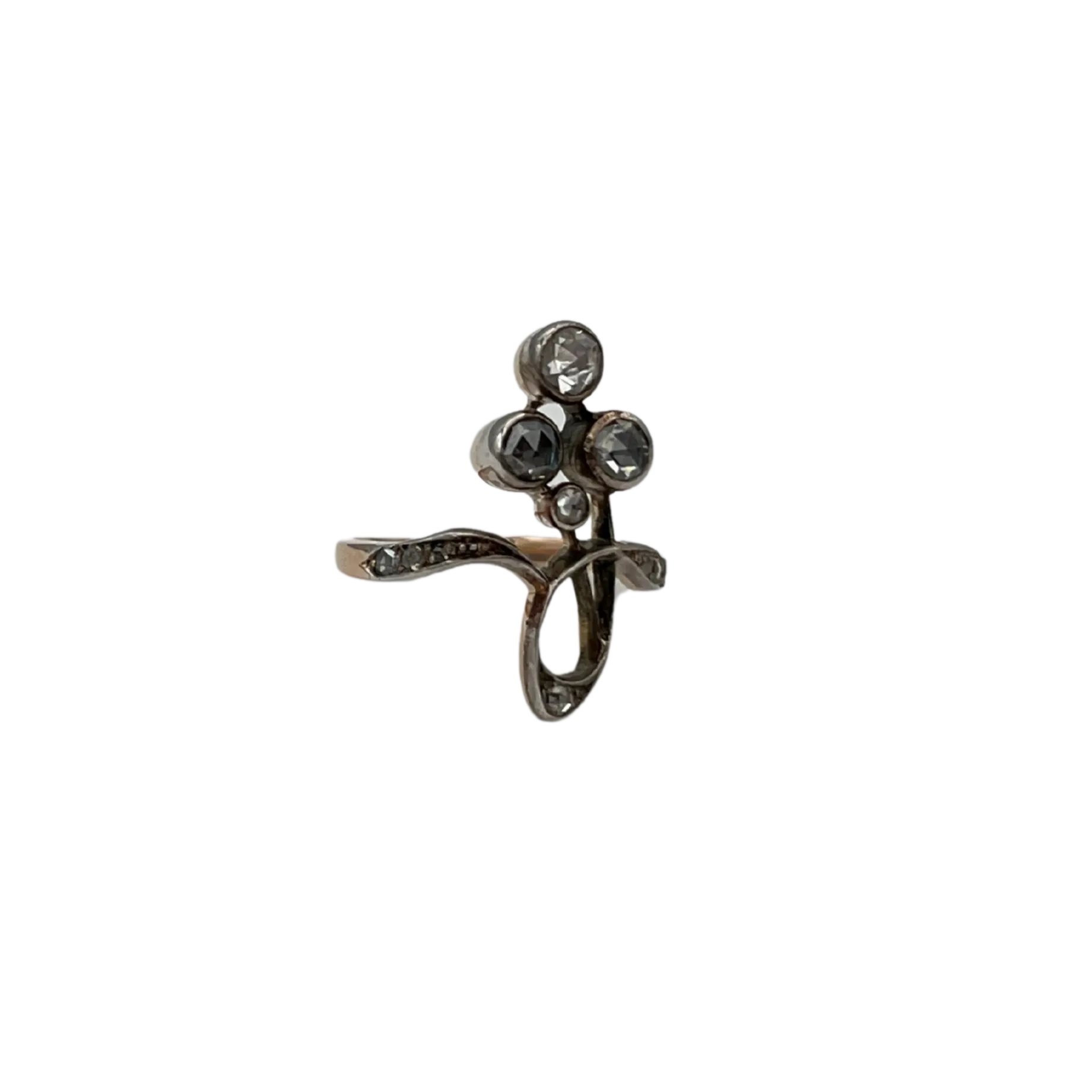 Antique rose cut diamond in 14k rose gold and silver