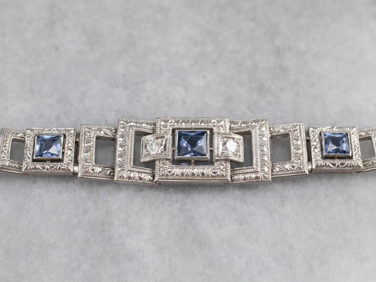Art Deco Synthetic Sapphire and Diamond Link Bracelet