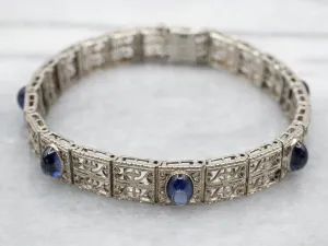Art Deco Synthetic Sapphire Cabochon Link Bracelet