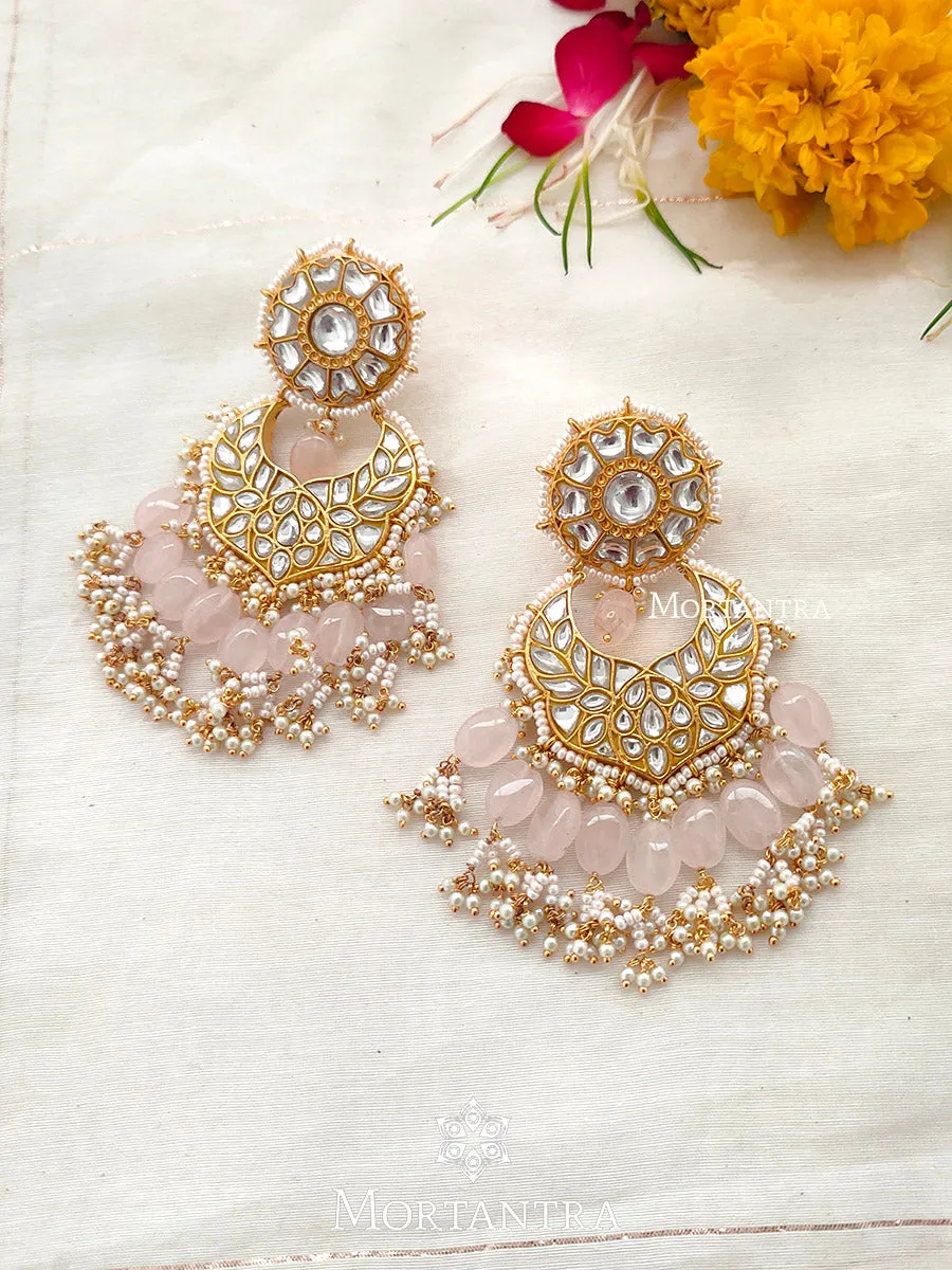 Baby Pink Color Gold Plated Thappa Jadau Kundan Earrings - TJ-E9