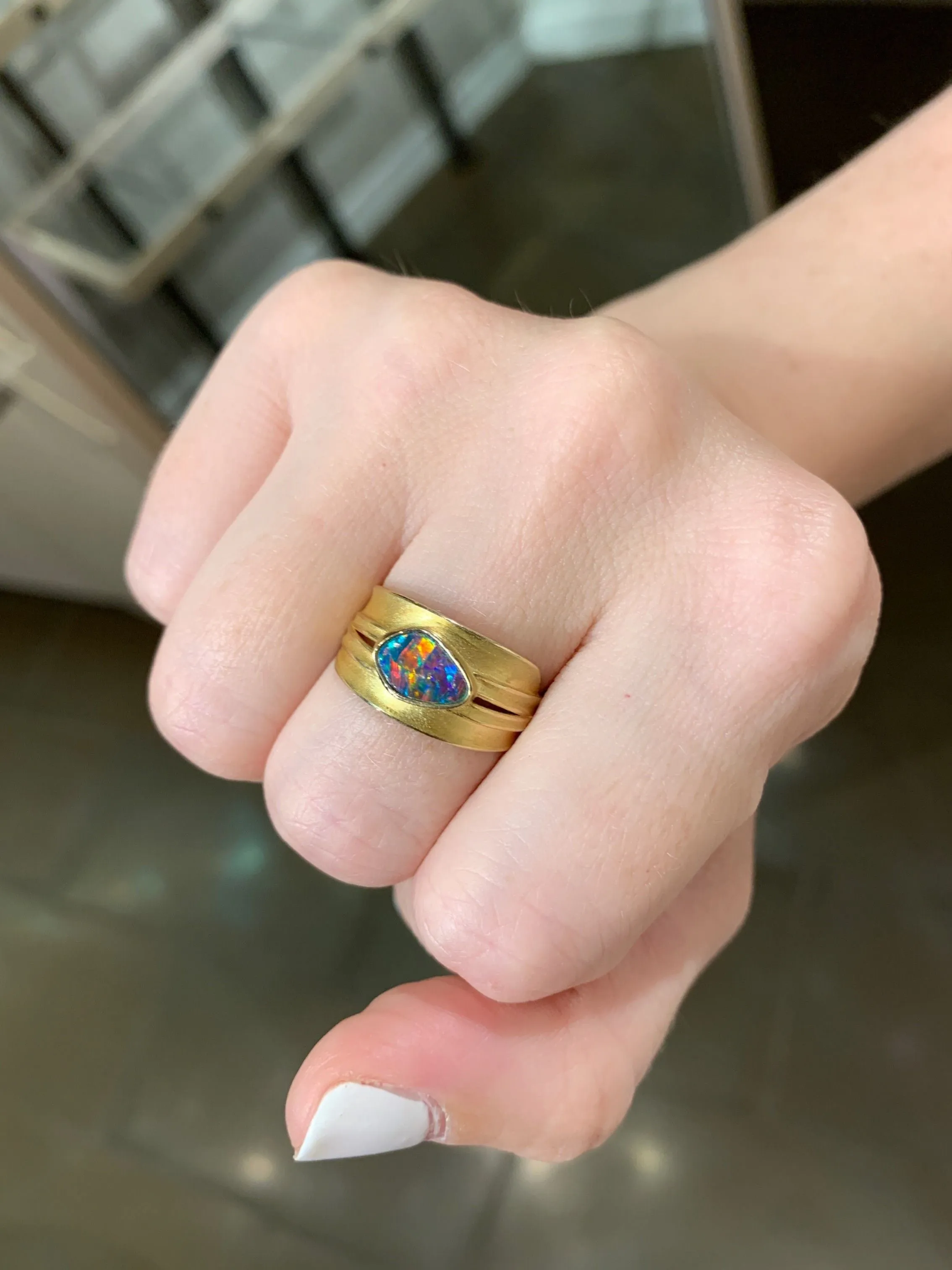 Barbara Heinrich One of a Kind Electric Red Opal Gold Blade of Grass Ring
