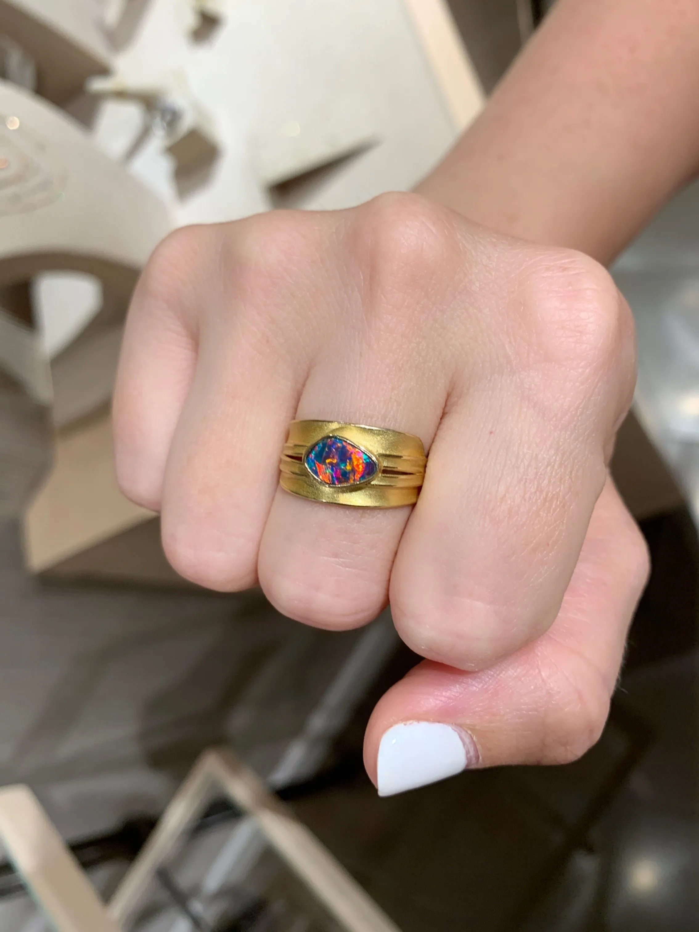 Barbara Heinrich One of a Kind Electric Red Opal Gold Blade of Grass Ring