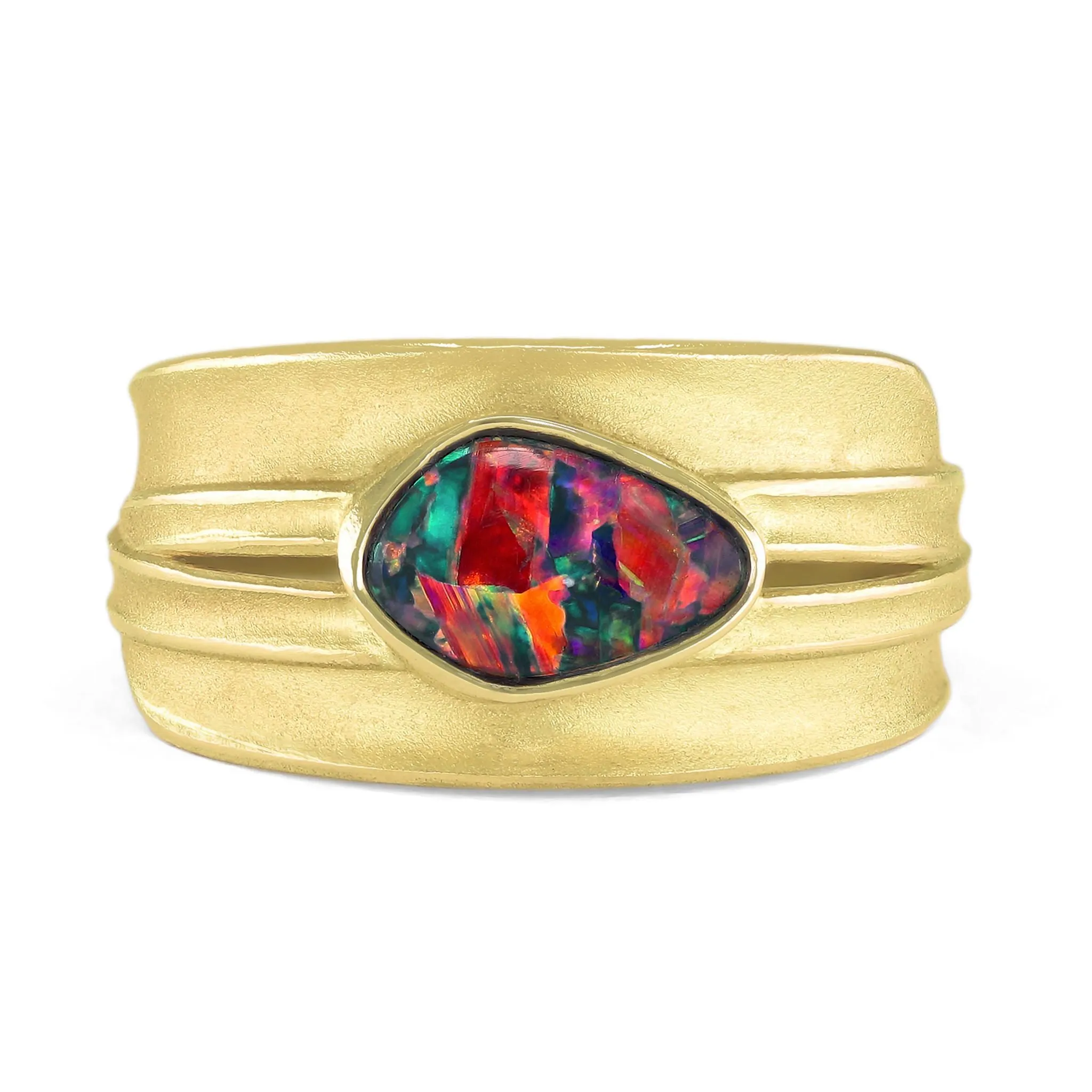 Barbara Heinrich One of a Kind Electric Red Opal Gold Blade of Grass Ring