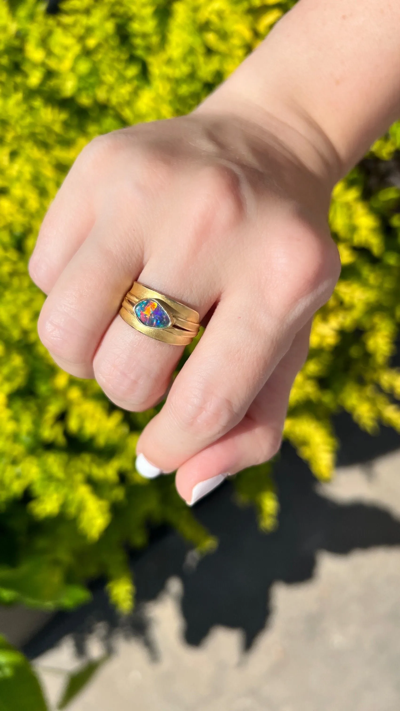 Barbara Heinrich One of a Kind Electric Red Opal Gold Blade of Grass Ring