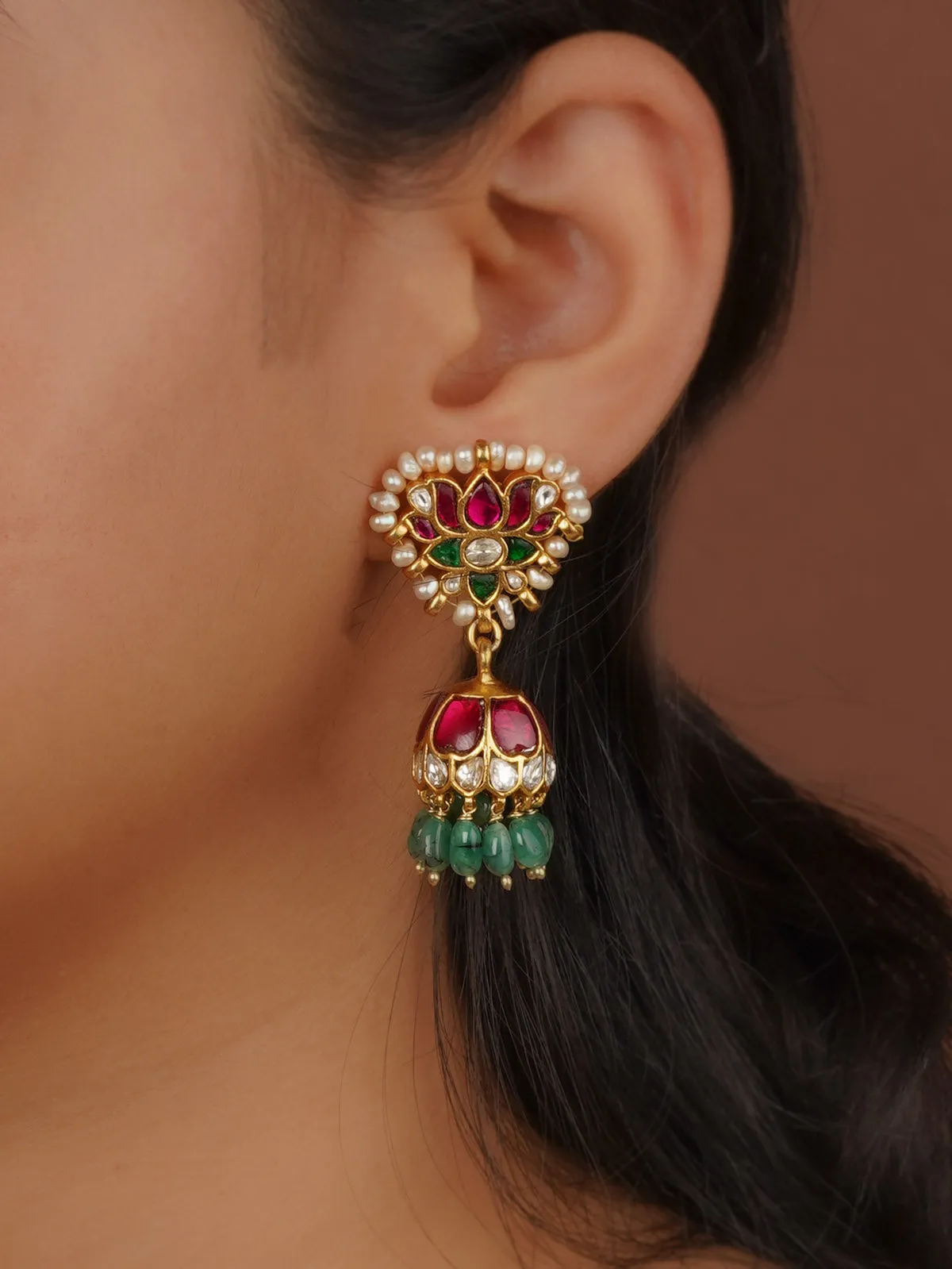 Basra Edit - Real Pearls Green Color Gold Plated Mishr Earrings - MR-E310W