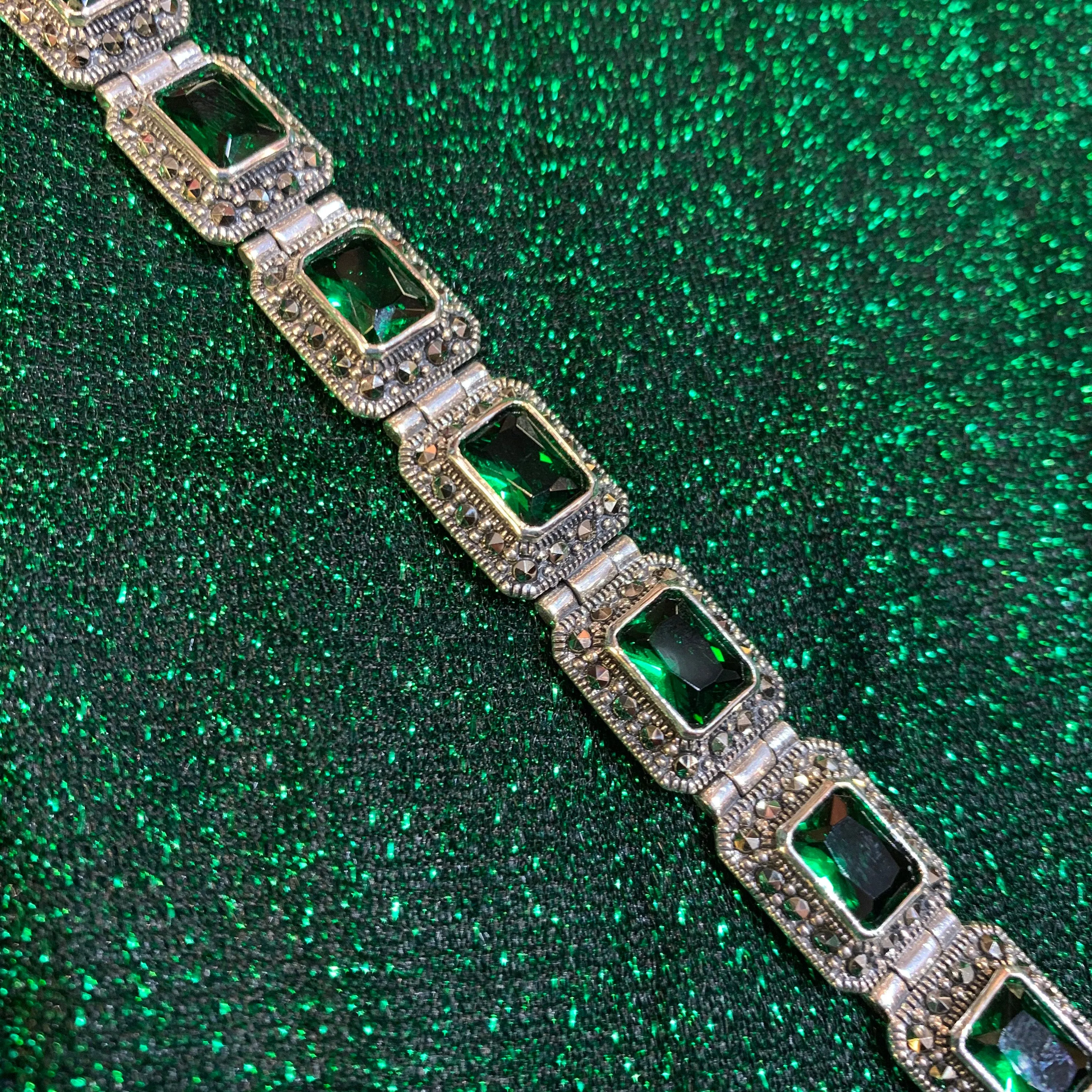 Emerald Green Bracelet Silver Marcasite Zircon
