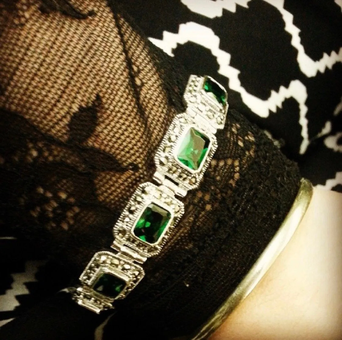 Emerald Green Bracelet Silver Marcasite Zircon