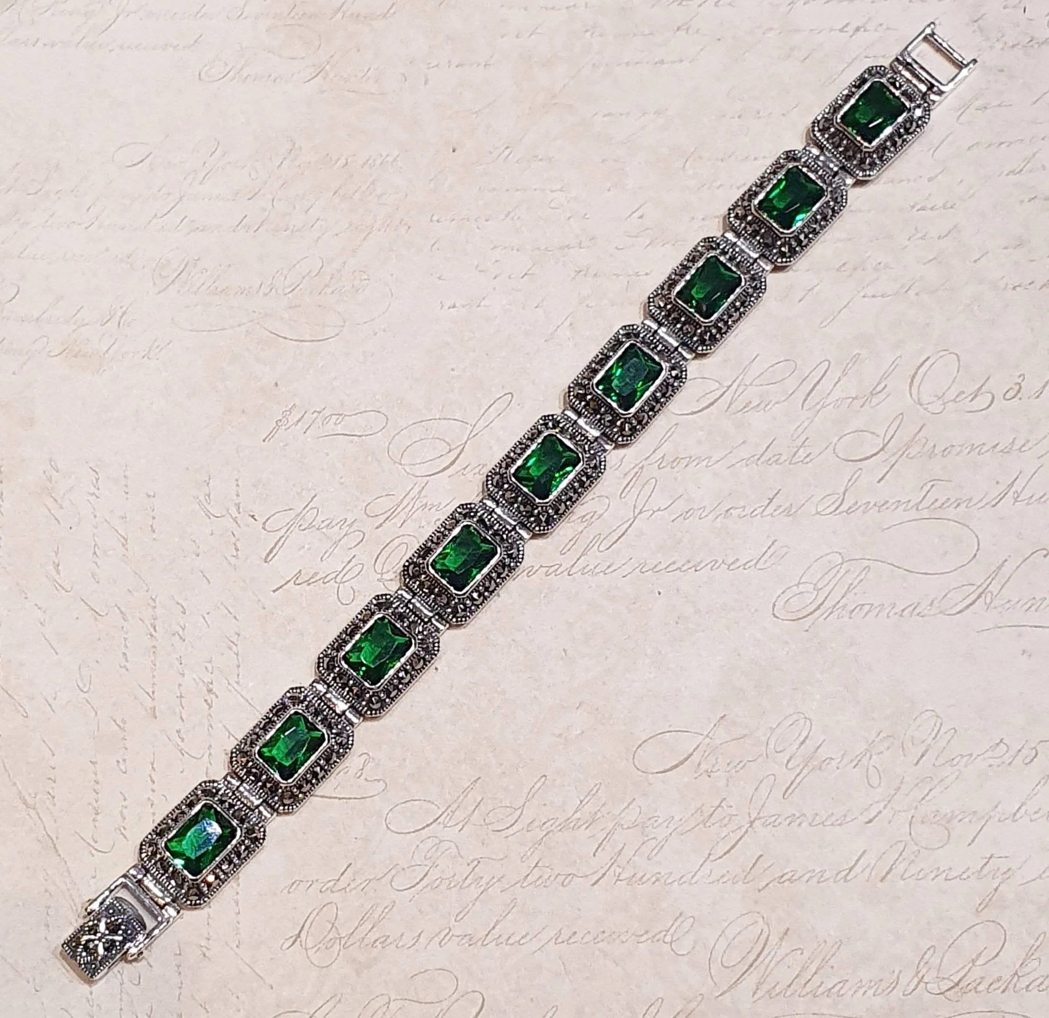 Emerald Green Bracelet Silver Marcasite Zircon