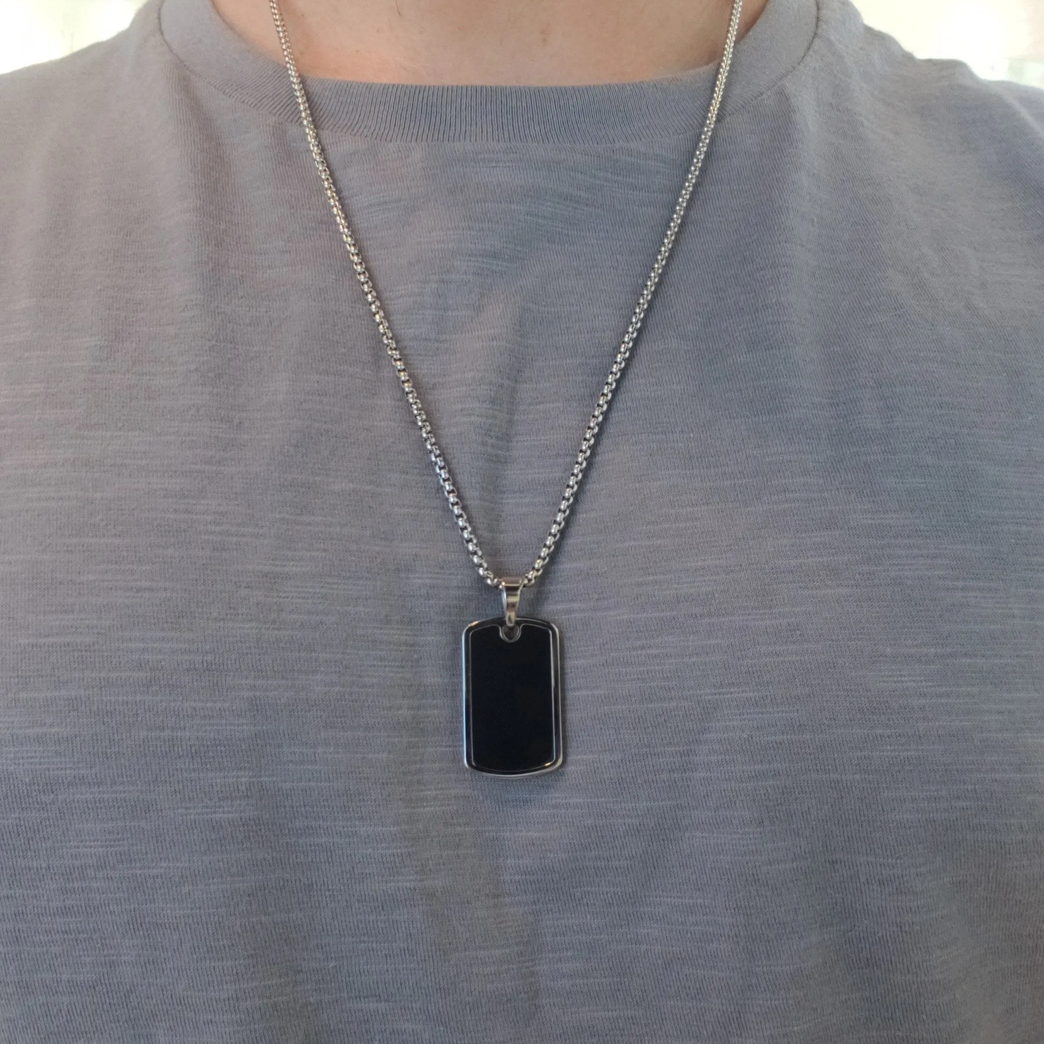 Engravable-Stainless Steel with Black Centre Tag Necklace