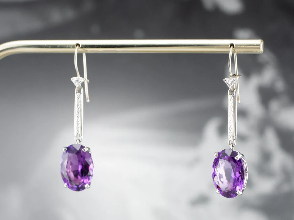 Engraved Amethyst and Diamond Drop Earrings