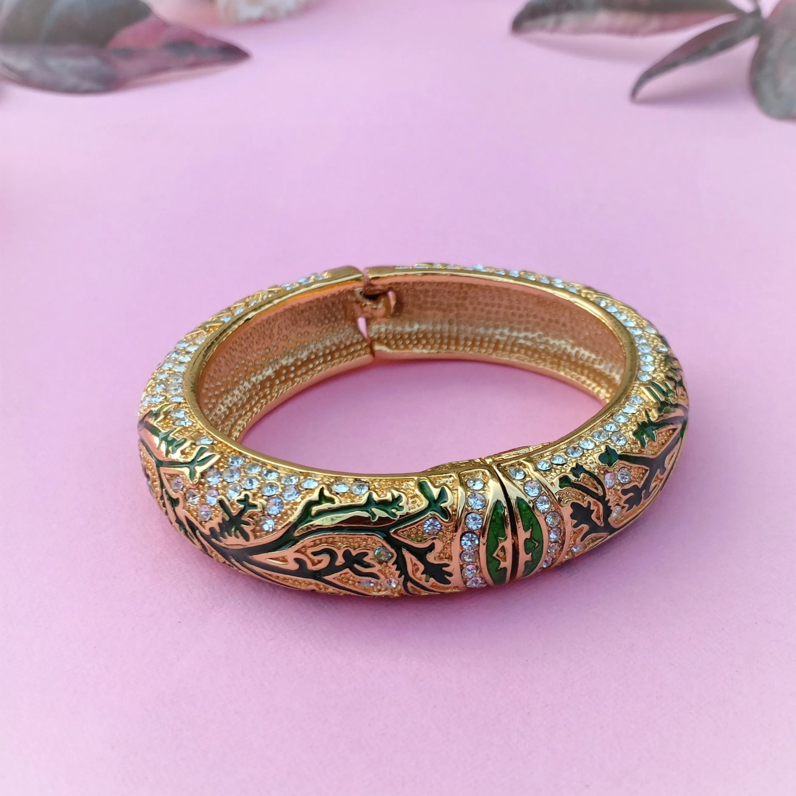 Estele Gold Plated Artistic Leafy Traditional Kada 2:6 Size Bangle Bracelet with Green Enamel | Perfect Fit & Timeless Elegance for Women