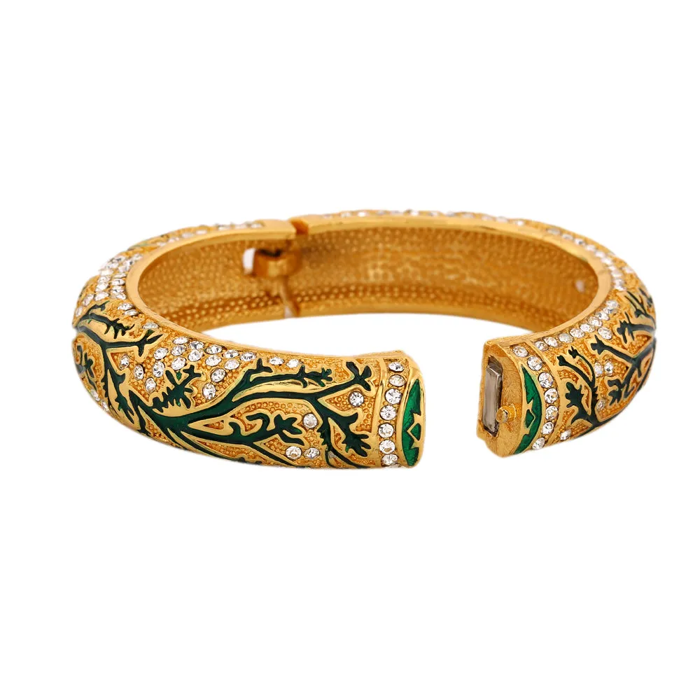 Estele Gold Plated Artistic Leafy Traditional Kada 2:6 Size Bangle Bracelet with Green Enamel | Perfect Fit & Timeless Elegance for Women