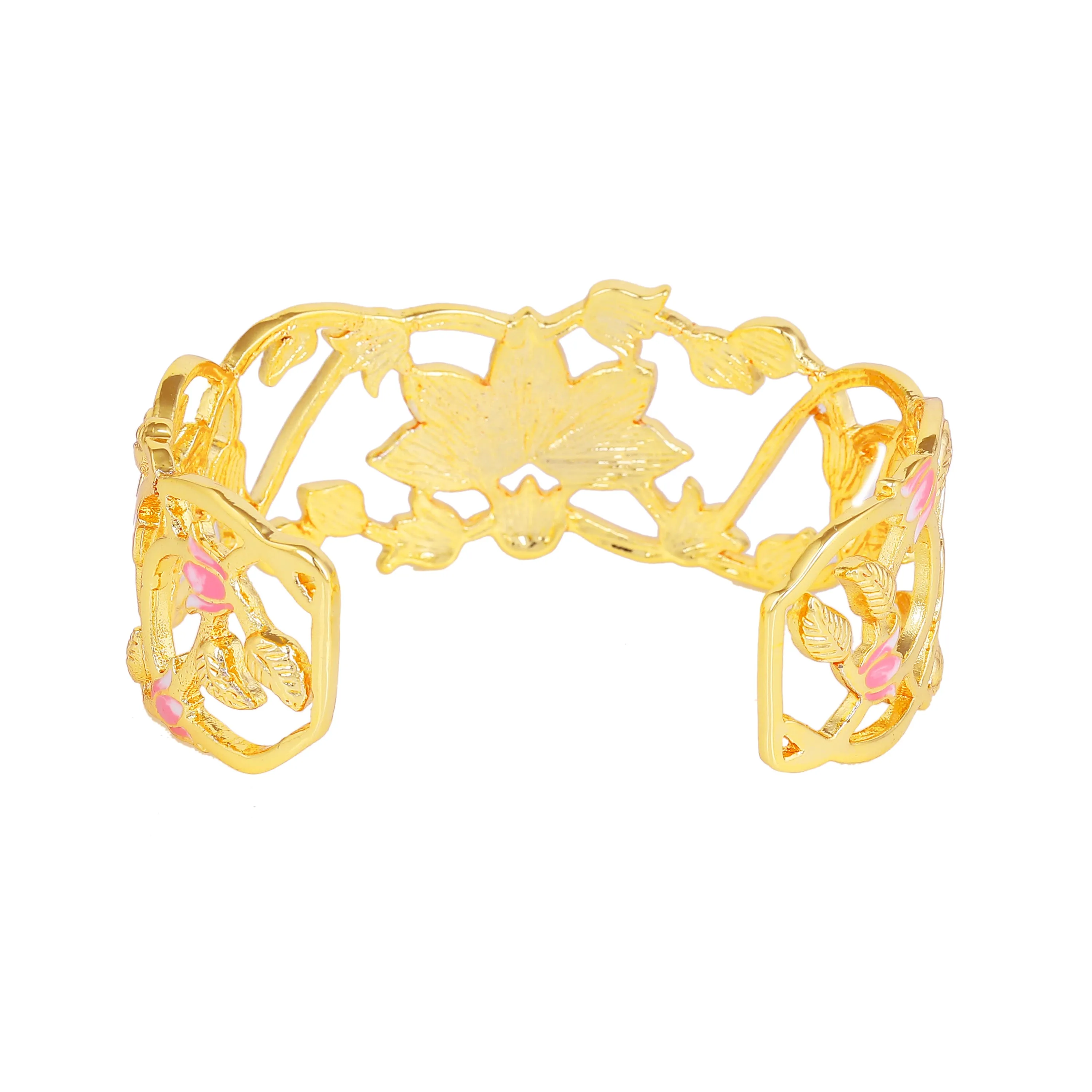 Estele Gold Plated Gorgeous Lotus Designer Cuff Bracelet with Pink Enamel for Girl's & Women