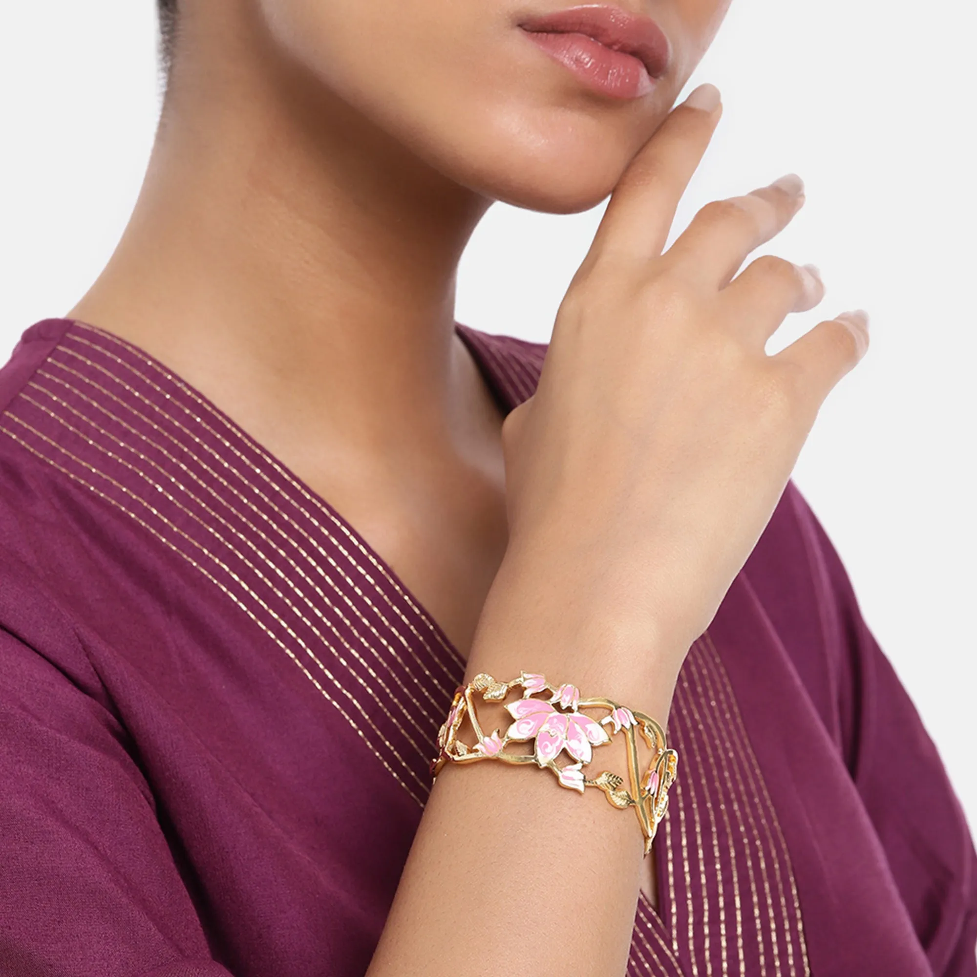 Estele Gold Plated Gorgeous Lotus Designer Cuff Bracelet with Pink Enamel for Girl's & Women
