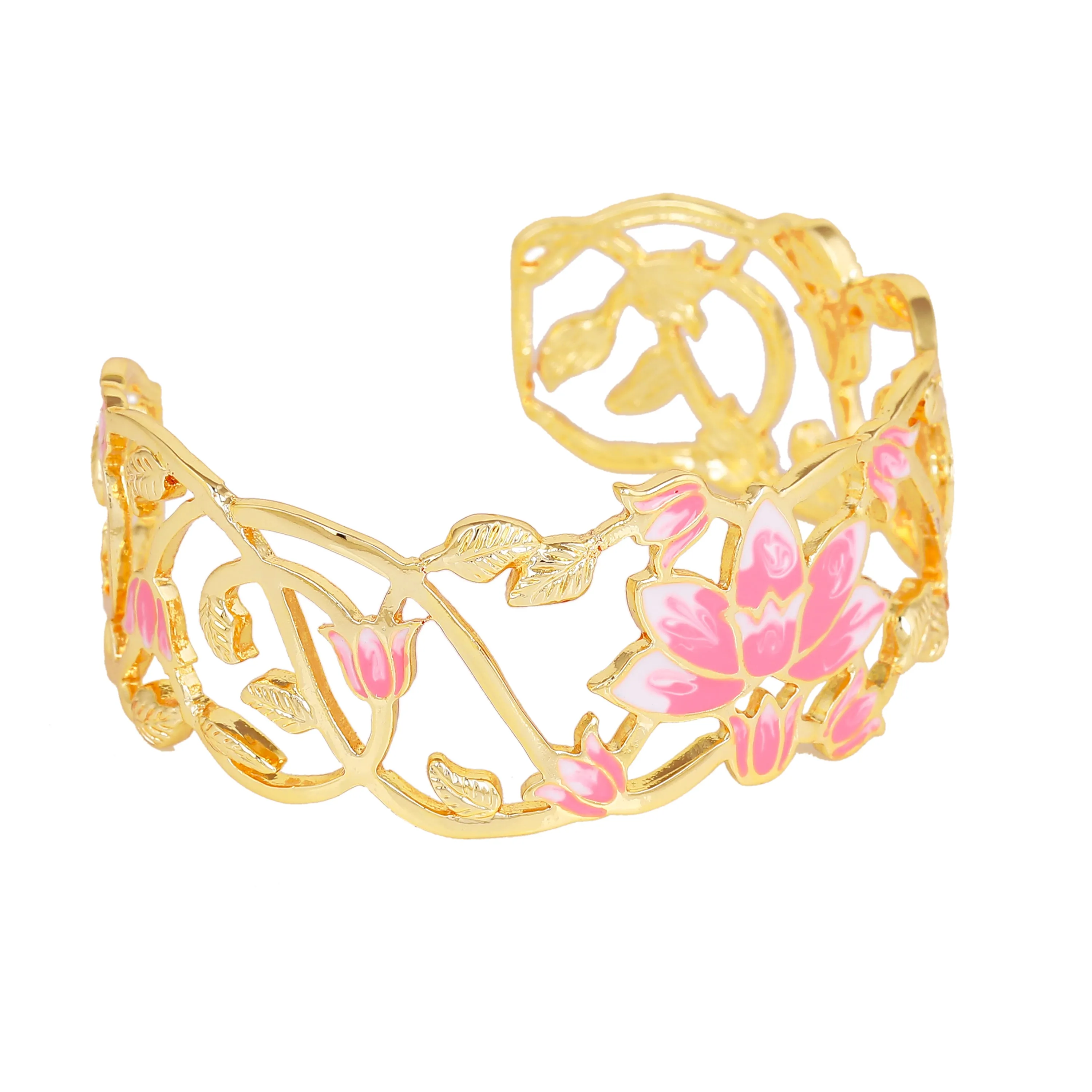 Estele Gold Plated Gorgeous Lotus Designer Cuff Bracelet with Pink Enamel for Girl's & Women