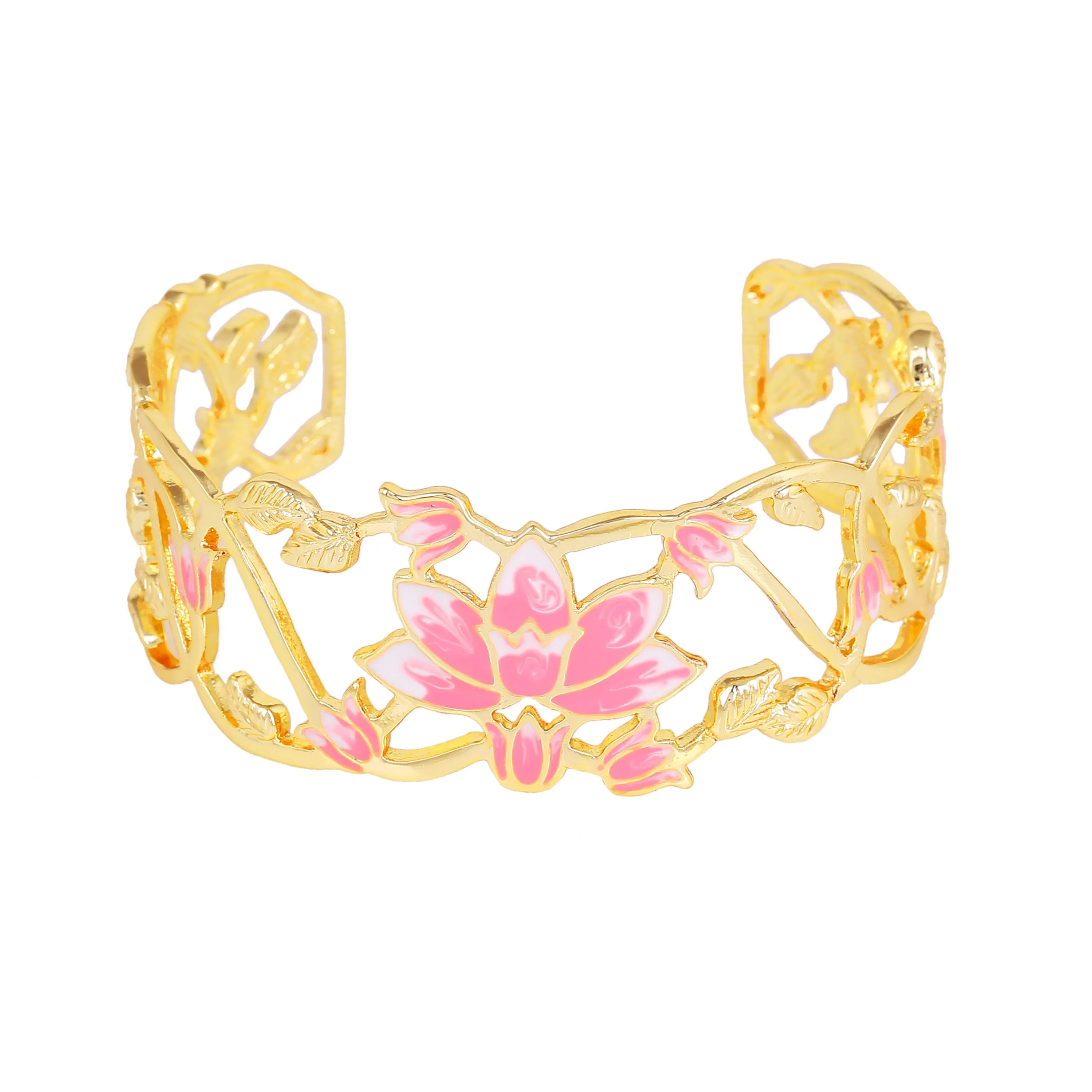 Estele Gold Plated Gorgeous Lotus Designer Cuff Bracelet with Pink Enamel for Girl's & Women