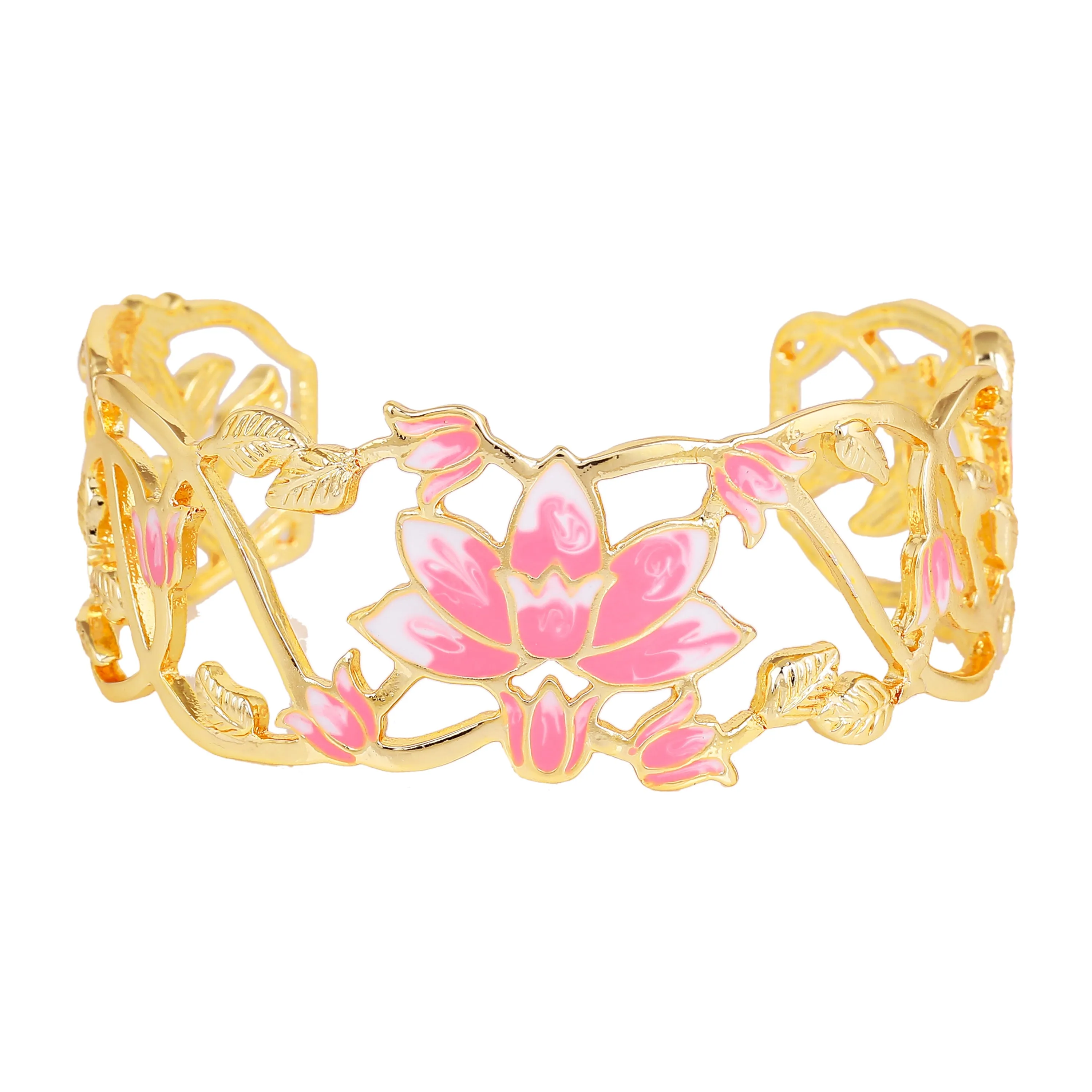 Estele Gold Plated Gorgeous Lotus Designer Cuff Bracelet with Pink Enamel for Girl's & Women