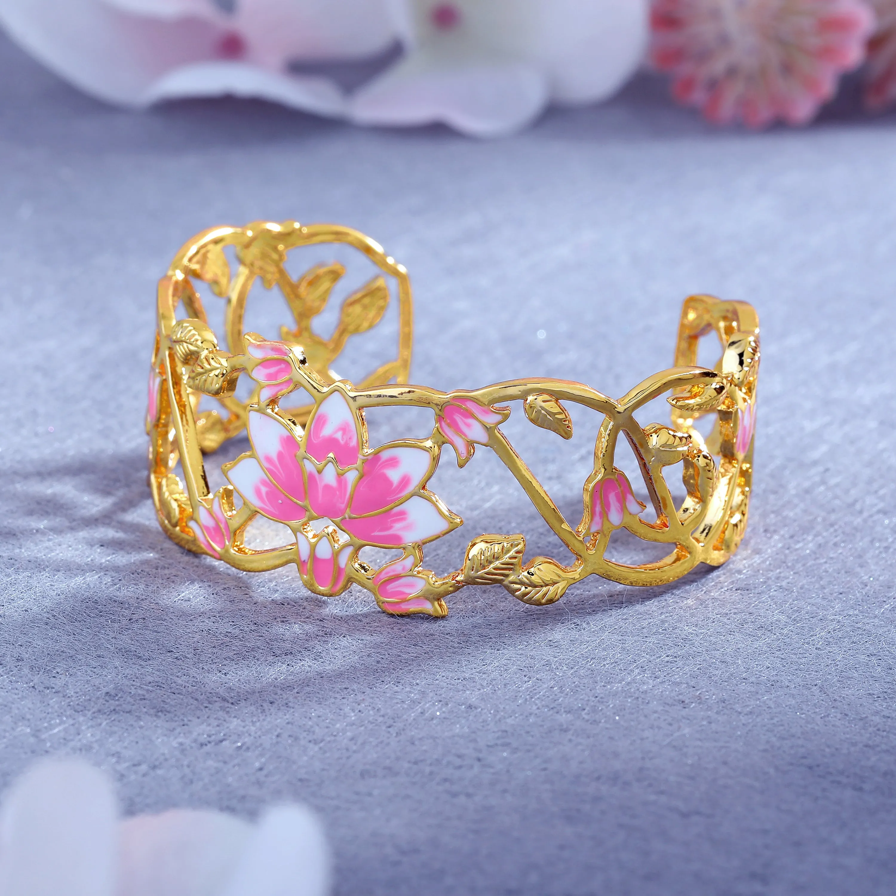 Estele Gold Plated Gorgeous Lotus Designer Cuff Bracelet with Pink Enamel for Girl's & Women