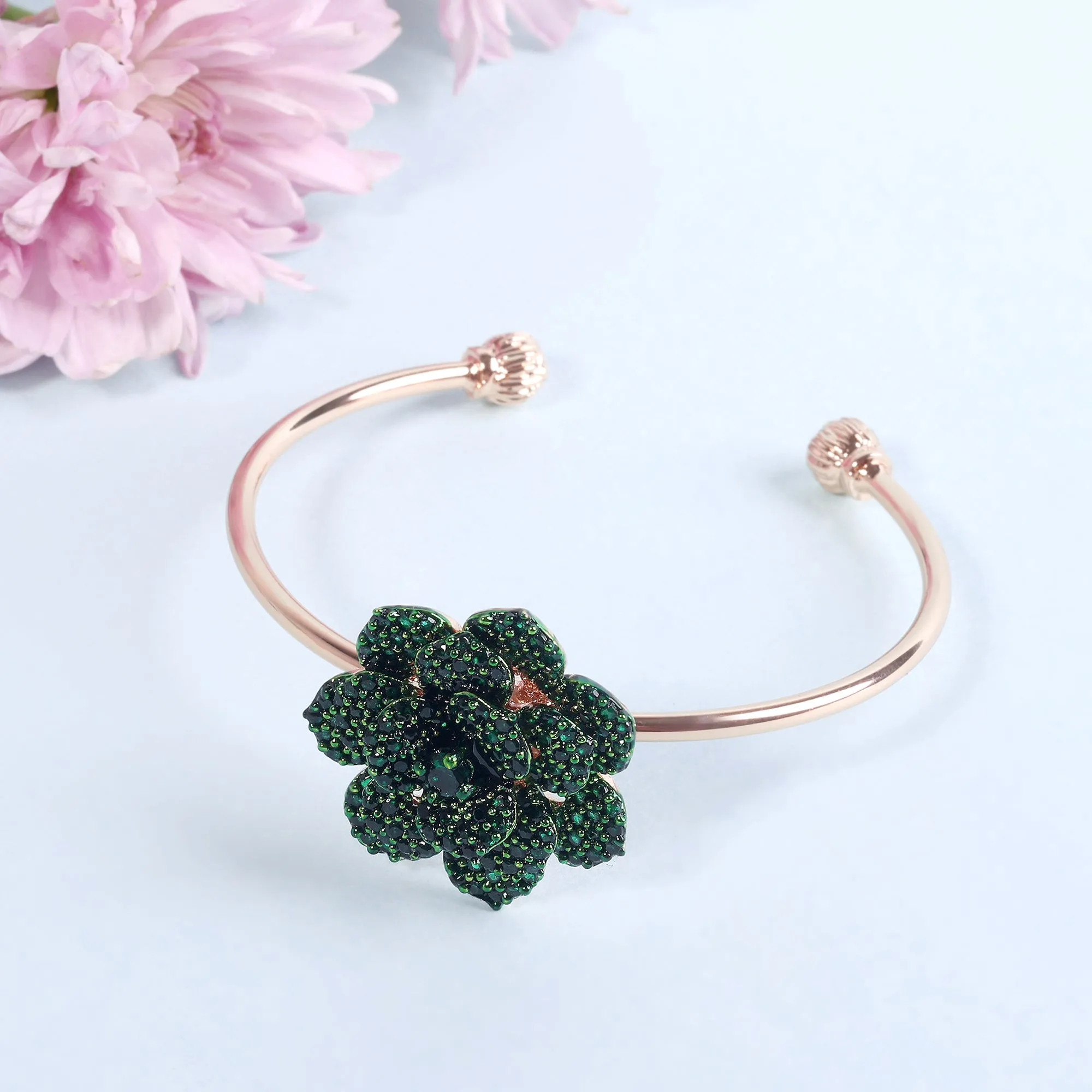 Estele Rose Collectiona??? Stylish Comfort Fit Rose Motif Cuff Bracelet with Green American Diamonds for Womena??? A Timeless Statement Piece