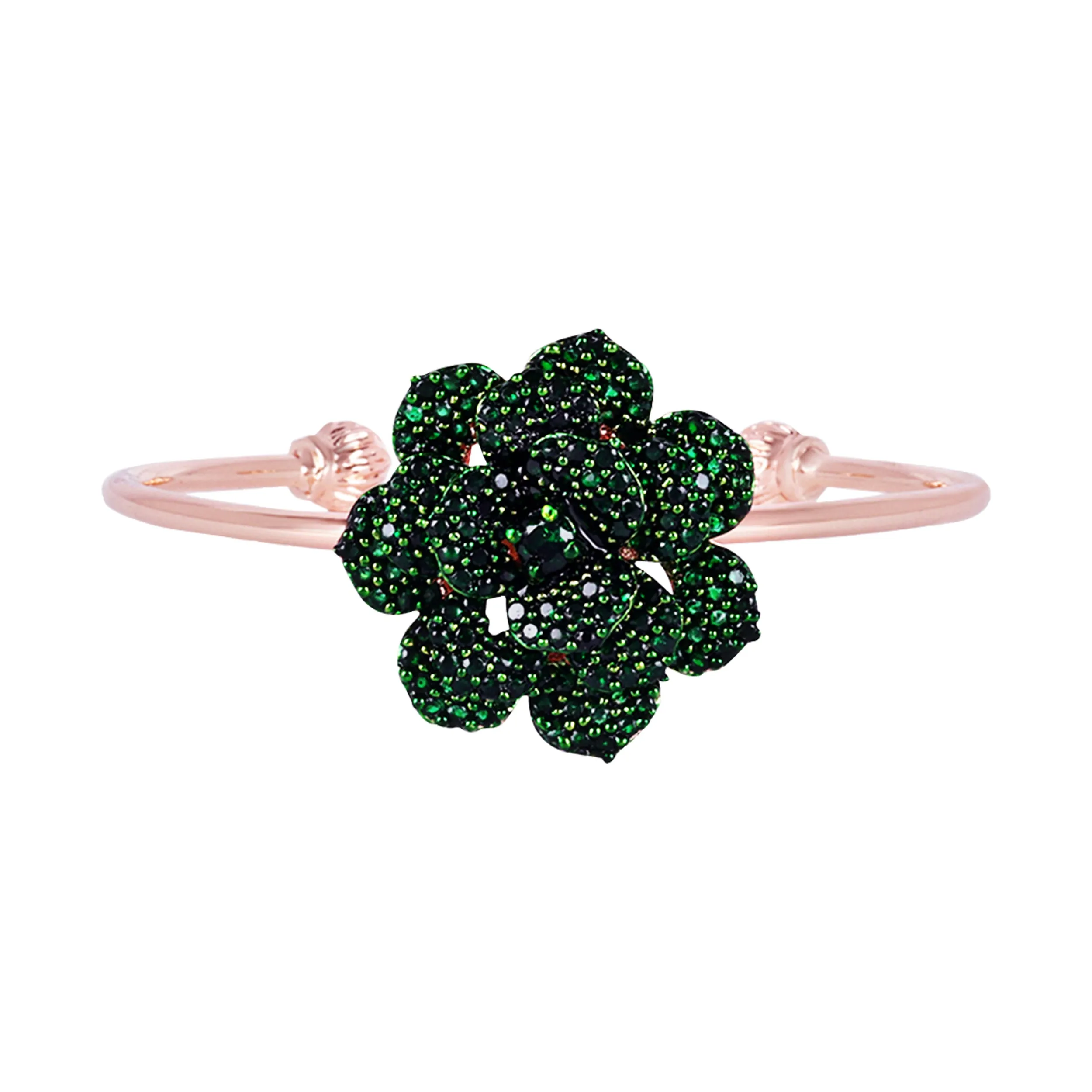 Estele Rose Collectiona??? Stylish Comfort Fit Rose Motif Cuff Bracelet with Green American Diamonds for Womena??? A Timeless Statement Piece