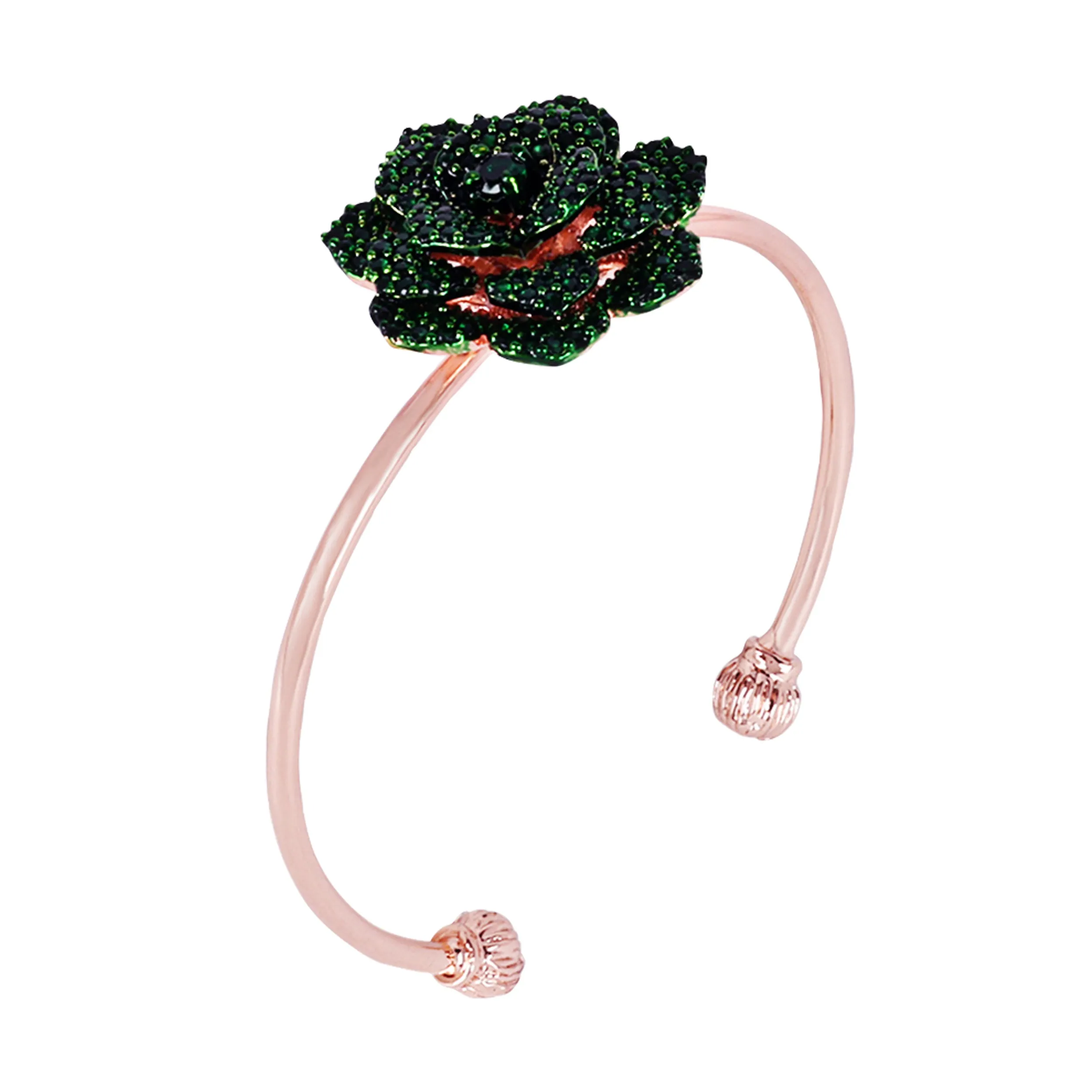 Estele Rose Collectiona??? Stylish Comfort Fit Rose Motif Cuff Bracelet with Green American Diamonds for Womena??? A Timeless Statement Piece