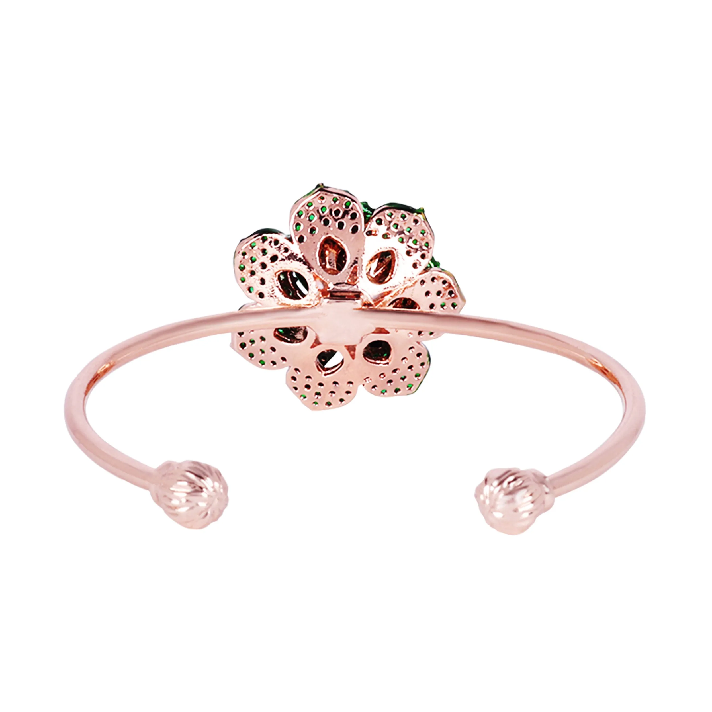 Estele Rose Collectiona??? Stylish Comfort Fit Rose Motif Cuff Bracelet with Green American Diamonds for Womena??? A Timeless Statement Piece
