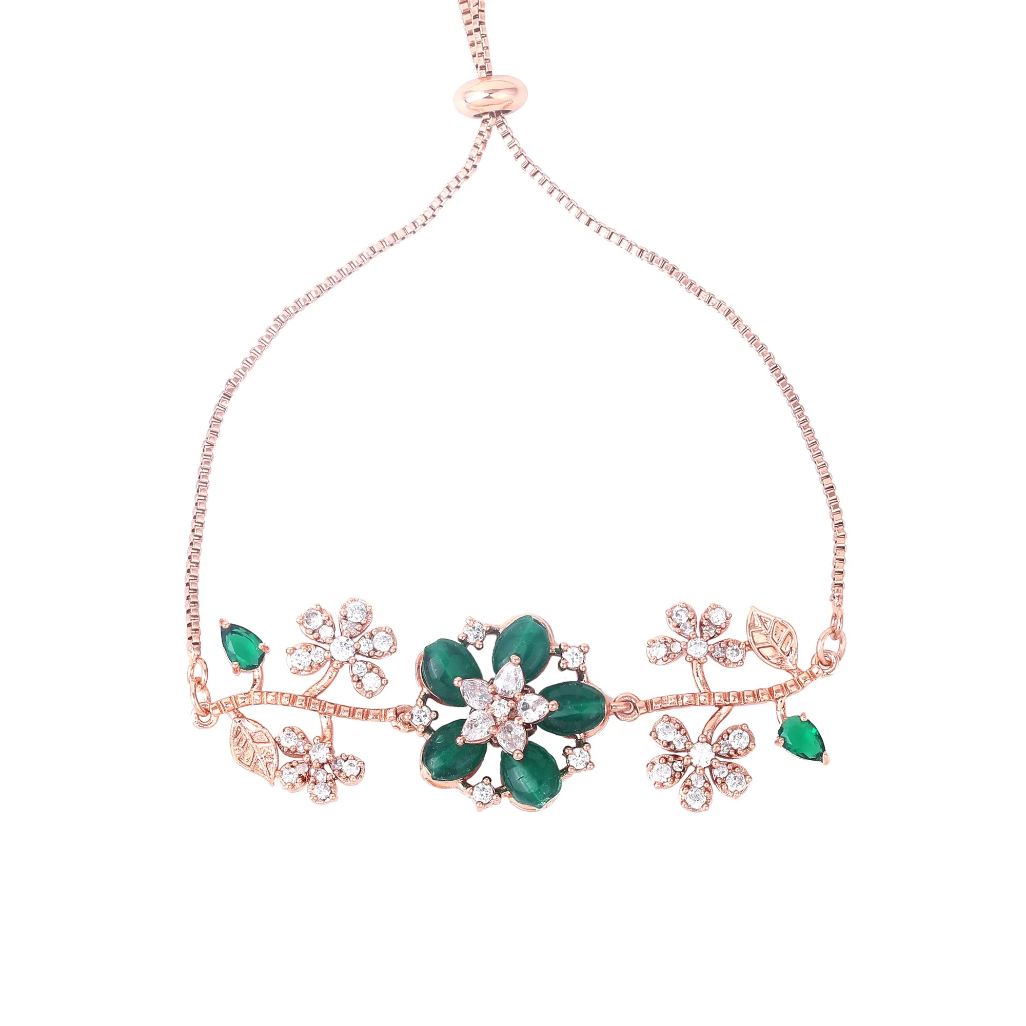 Estele Rosegold Plated Flower-Decorated Green Beaded Adjustable Varya Bracelet|A Graceful Wristlet for Modern Ladies