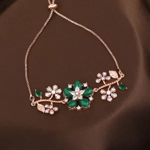 Estele Rosegold Plated Flower-Decorated Green Beaded Adjustable Varya Bracelet|A Graceful Wristlet for Modern Ladies
