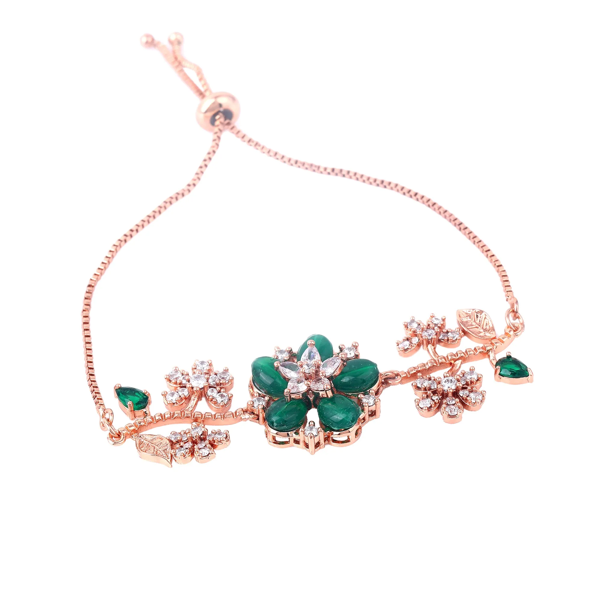 Estele Rosegold Plated Flower-Decorated Green Beaded Adjustable Varya Bracelet|A Graceful Wristlet for Modern Ladies