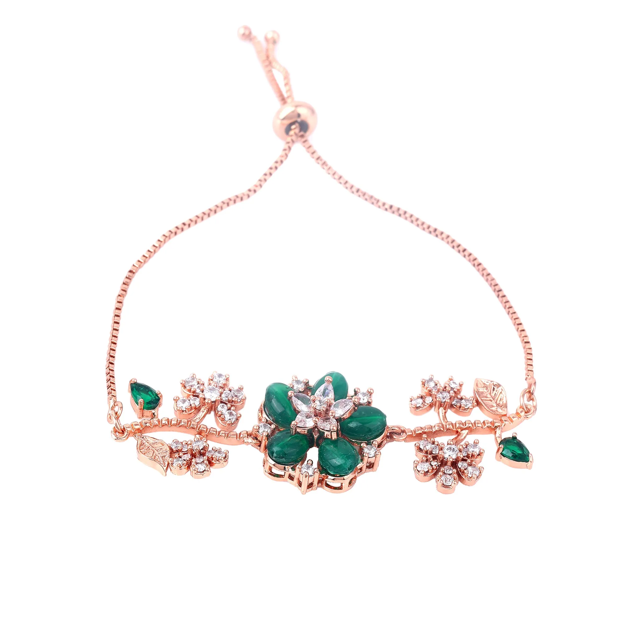 Estele Rosegold Plated Flower-Decorated Green Beaded Adjustable Varya Bracelet|A Graceful Wristlet for Modern Ladies