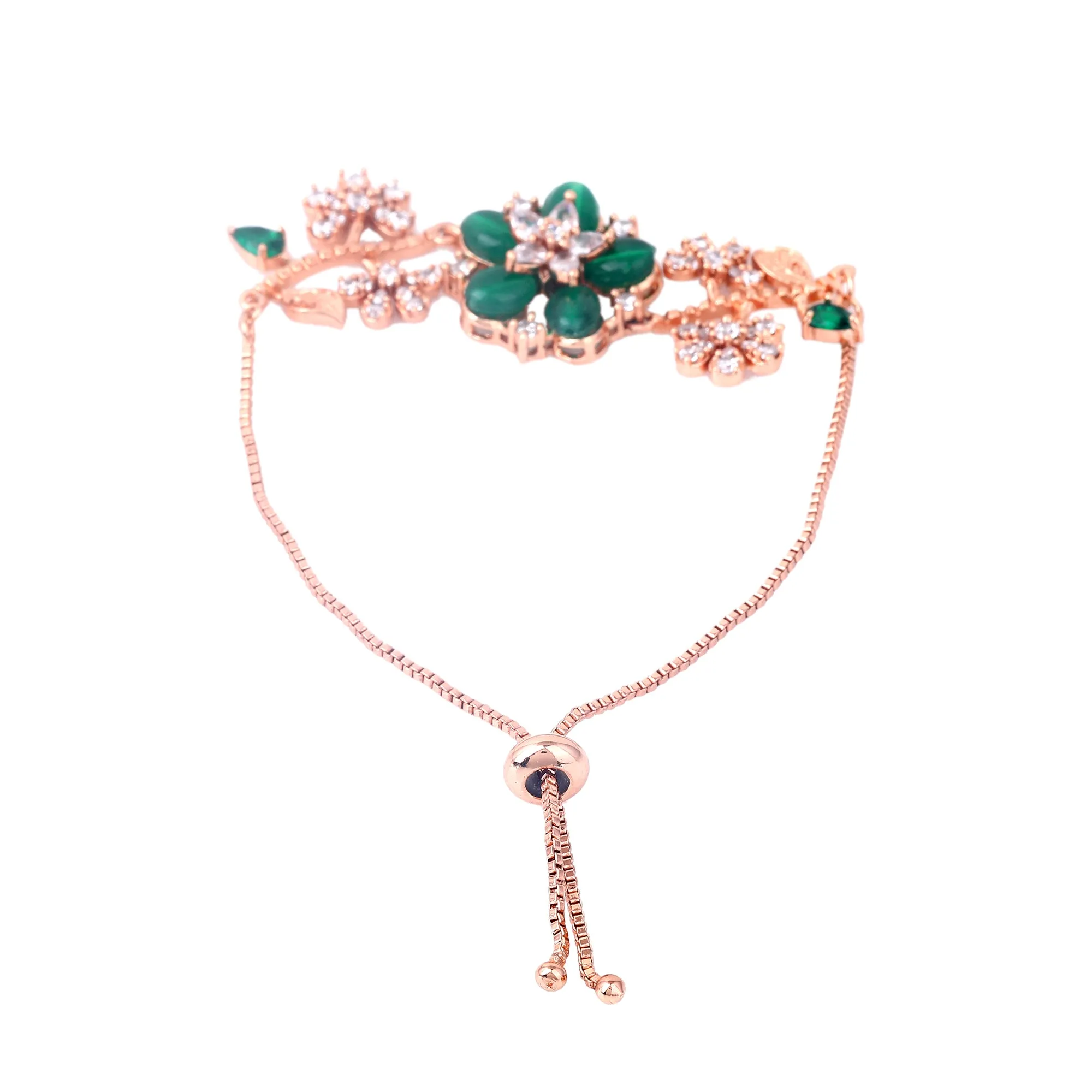 Estele Rosegold Plated Flower-Decorated Green Beaded Adjustable Varya Bracelet|A Graceful Wristlet for Modern Ladies