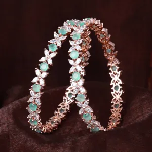Estele Rosegold Plated Mint Green American Diamond Stunning Floral Bangles | Available in 2:4, 2:6, & 2:8 Sizes | Perfect Fit & Timeless Elegance for Women